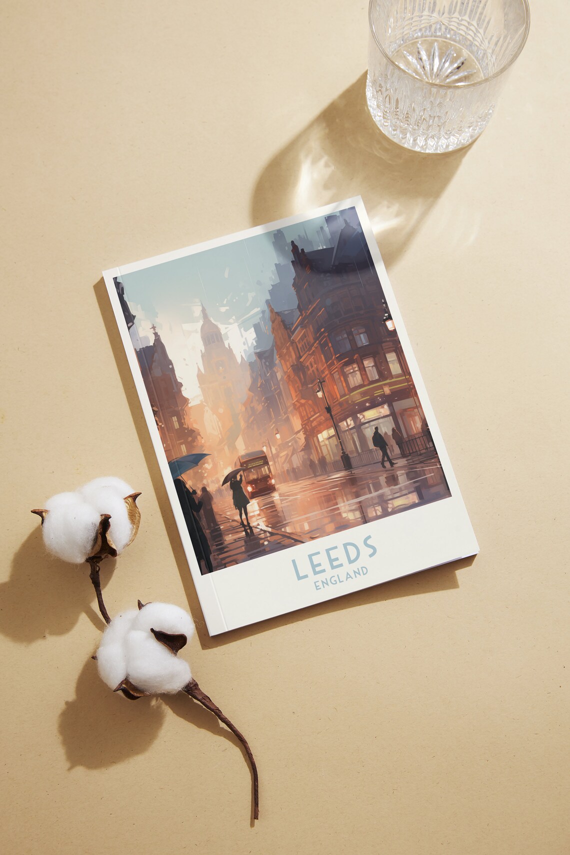 Leeds England Rainy Street Red Bus Golden Evening Travel Poster - Image 2