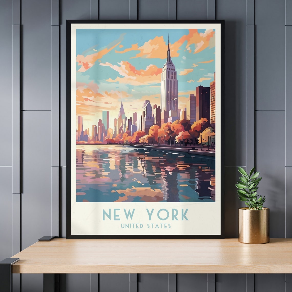 New York Manhattan Empire State Skyline Sunset Vintage Travel Poster - Image 3