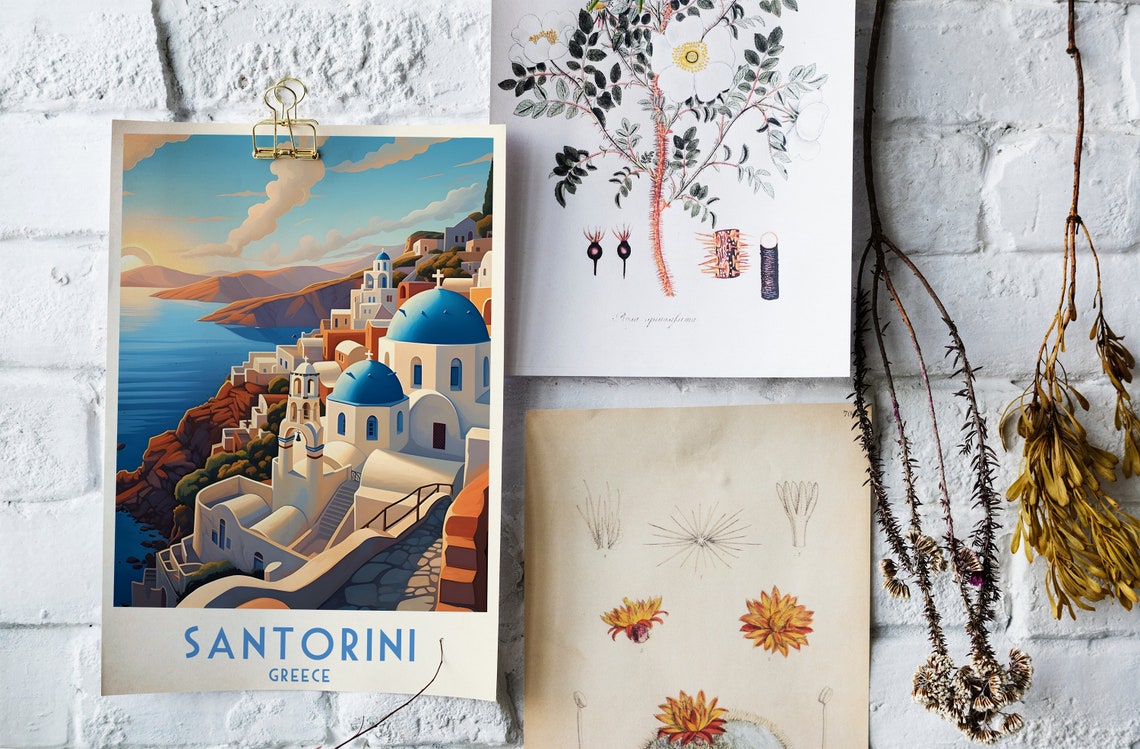 Santorini Blue Domes Oia Sunset Caldera Vintage Greece Travel Poster - Image 4