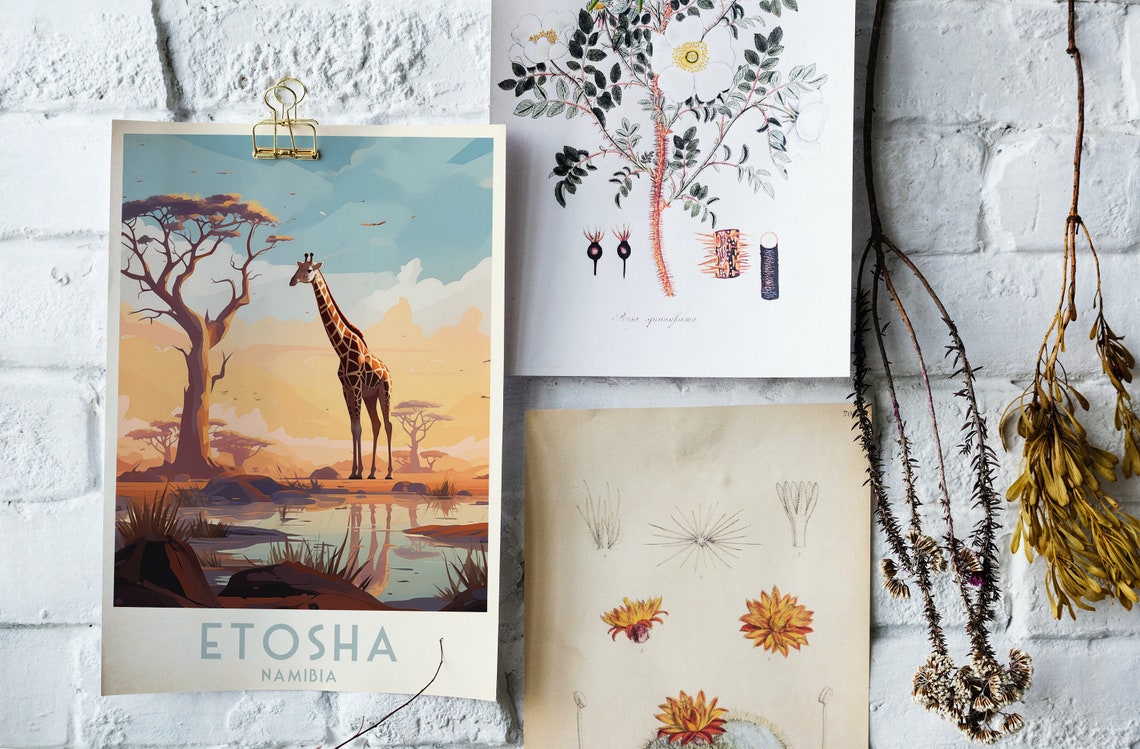 Etosha Namibia Poster with Giraffe Beside a Waterhole at Sunset - Image 4