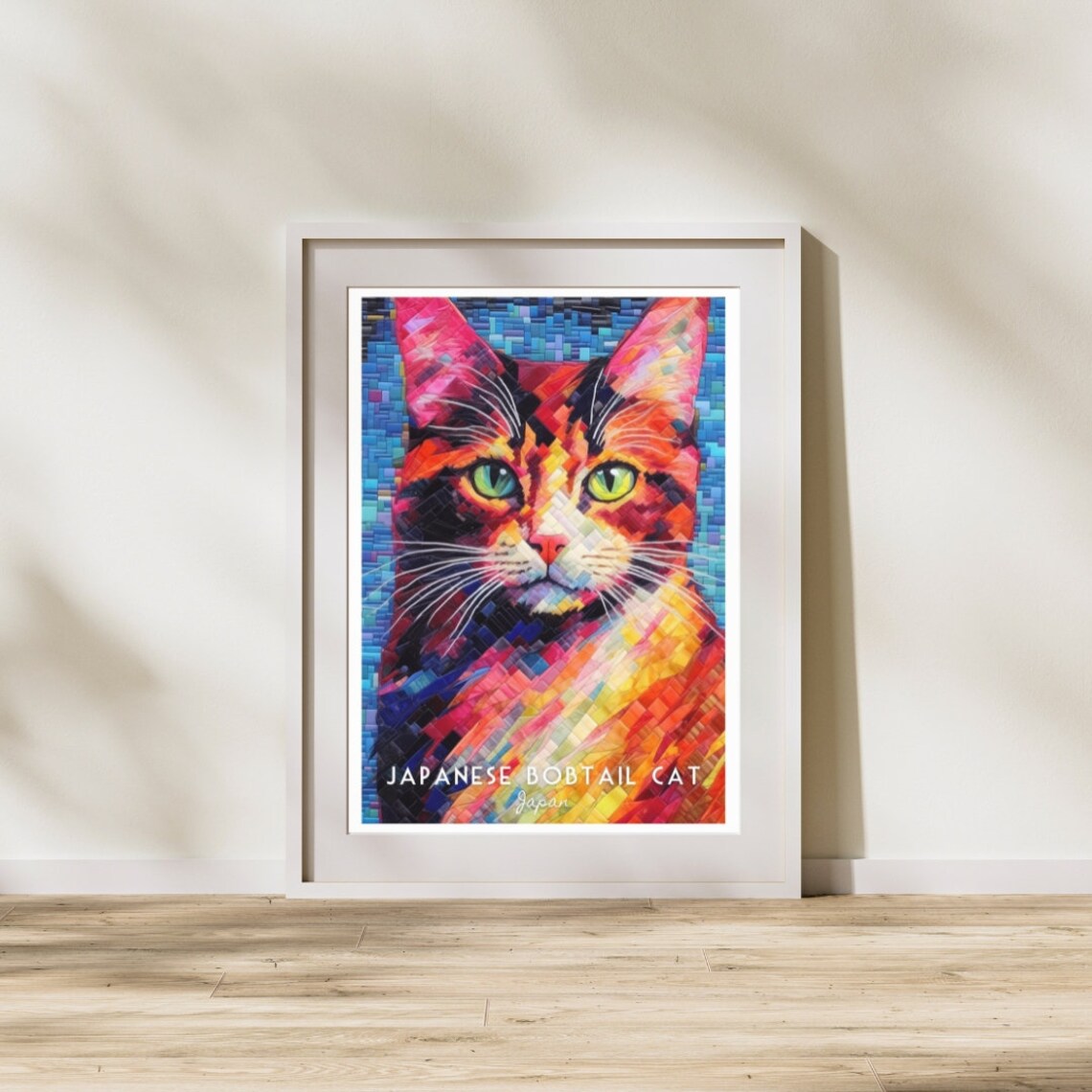 Japanese Bobtail Cat Vibrant Colorful Mosaic Pet Portrait Poster - Image 3