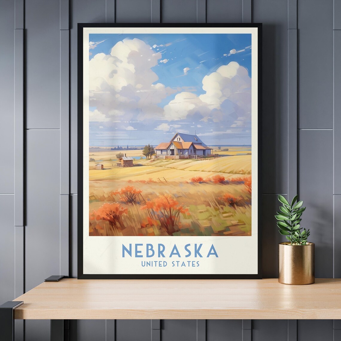 Nebraska United States Farmhouse Prairie Golden Fields Travel Poster - Image 3
