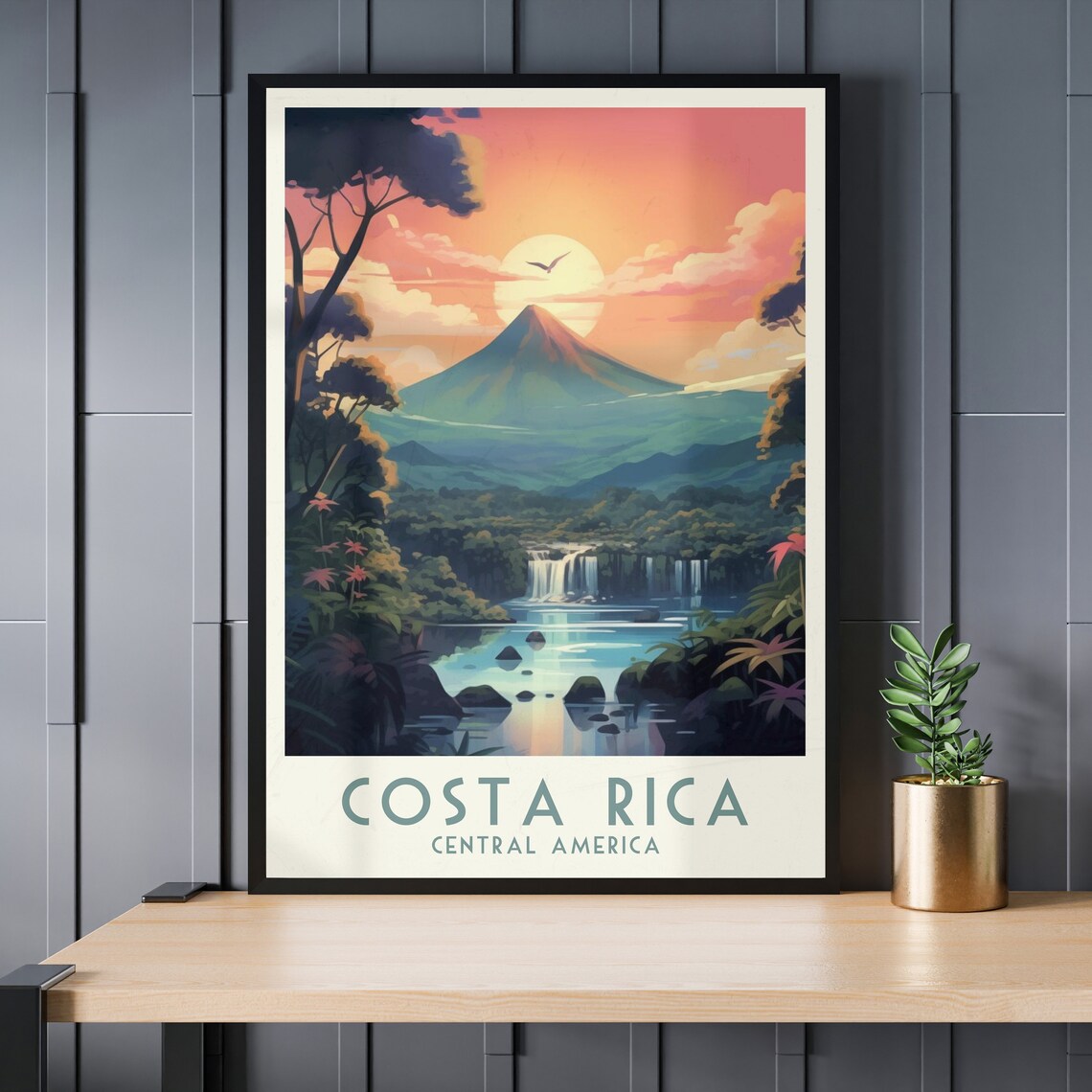 Costa Rica Volcano and Waterfall Lagoon Scenic Travel Poster Art - Image 3
