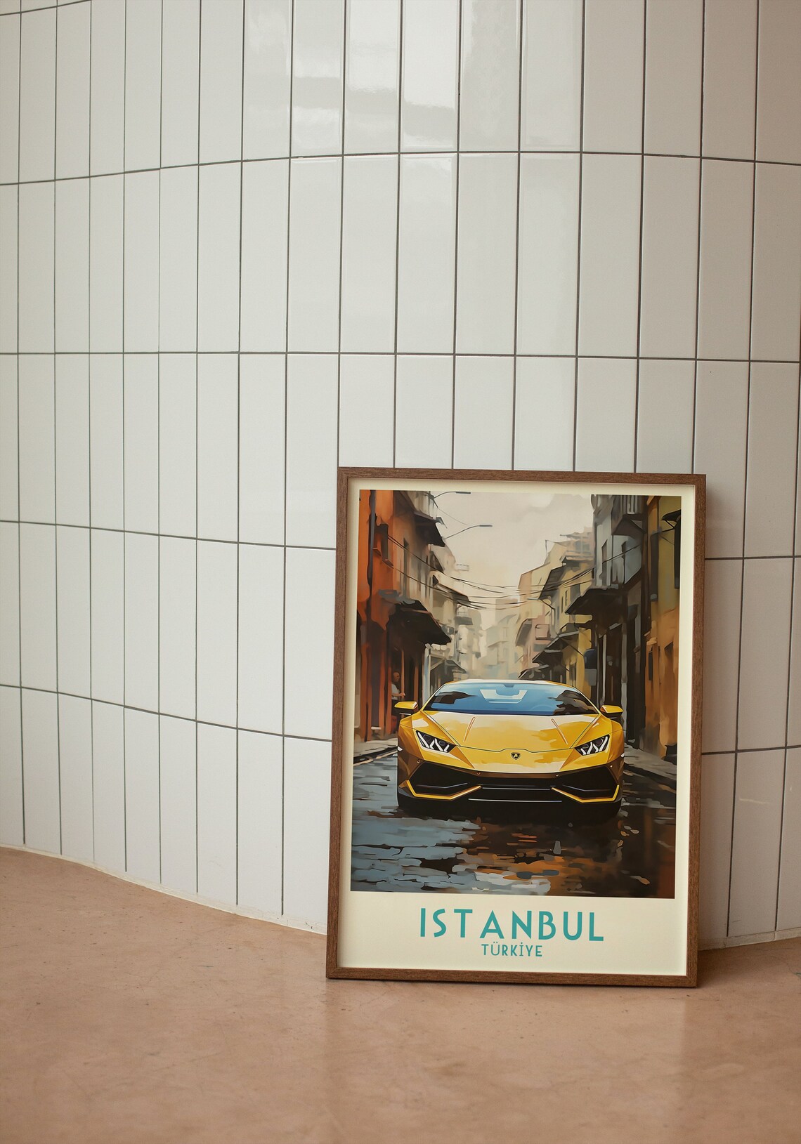 Istanbul Turkiye Yellow Sports Car Wet Cobblestone Travel Poster - Image 3