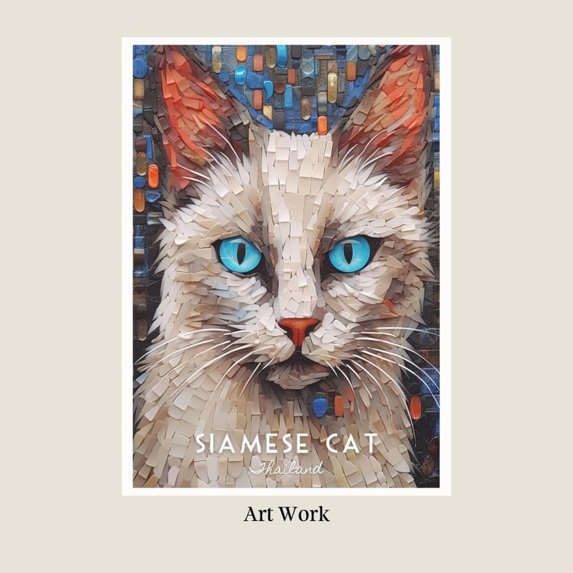 Siamese Cat Blue Eyes White Mosaic Pet Portrait Poster for Home - Image 2