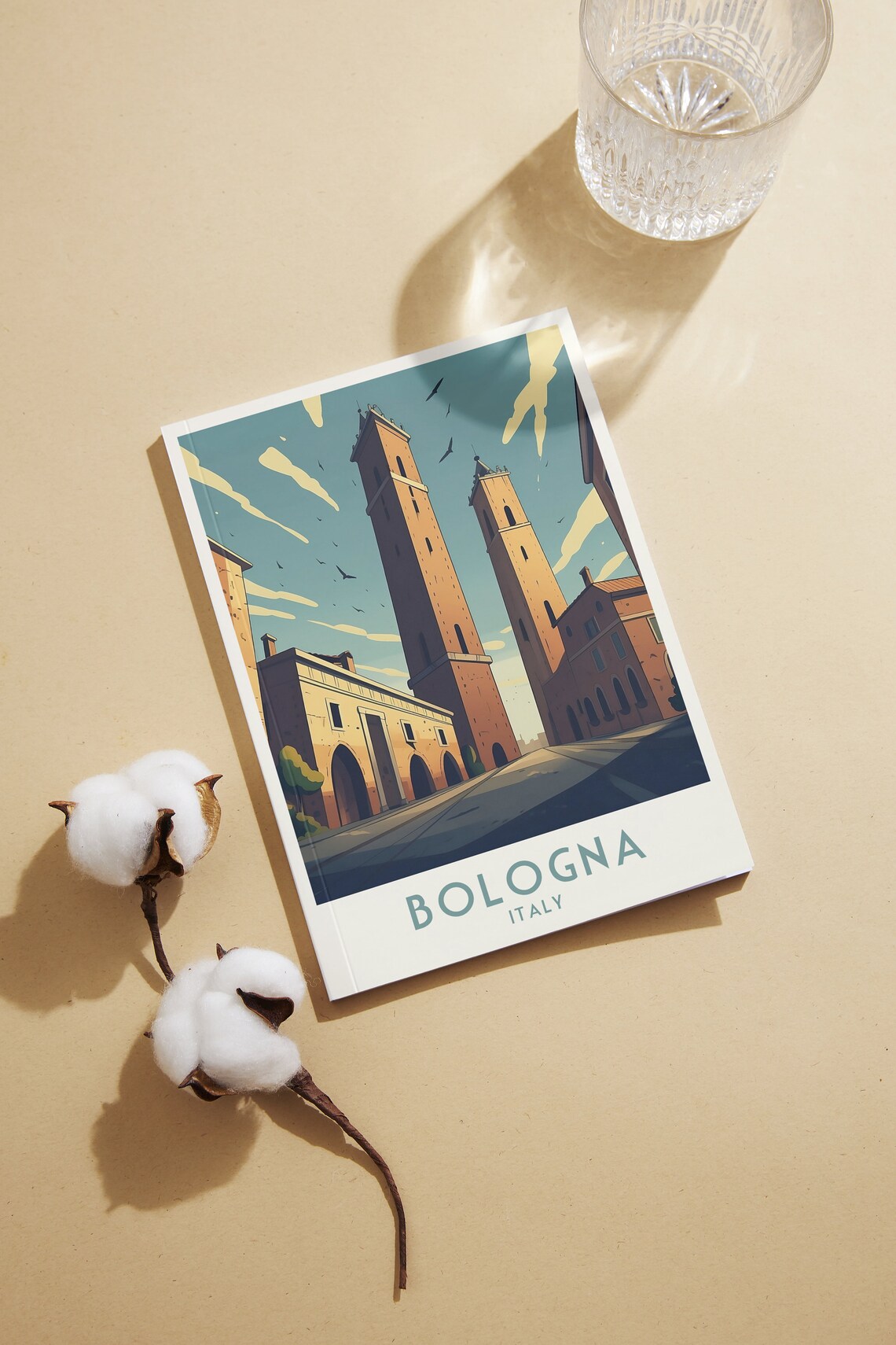 Bologna Two Towers Medieval Street Birds Vintage Italy Travel Poster - Image 2