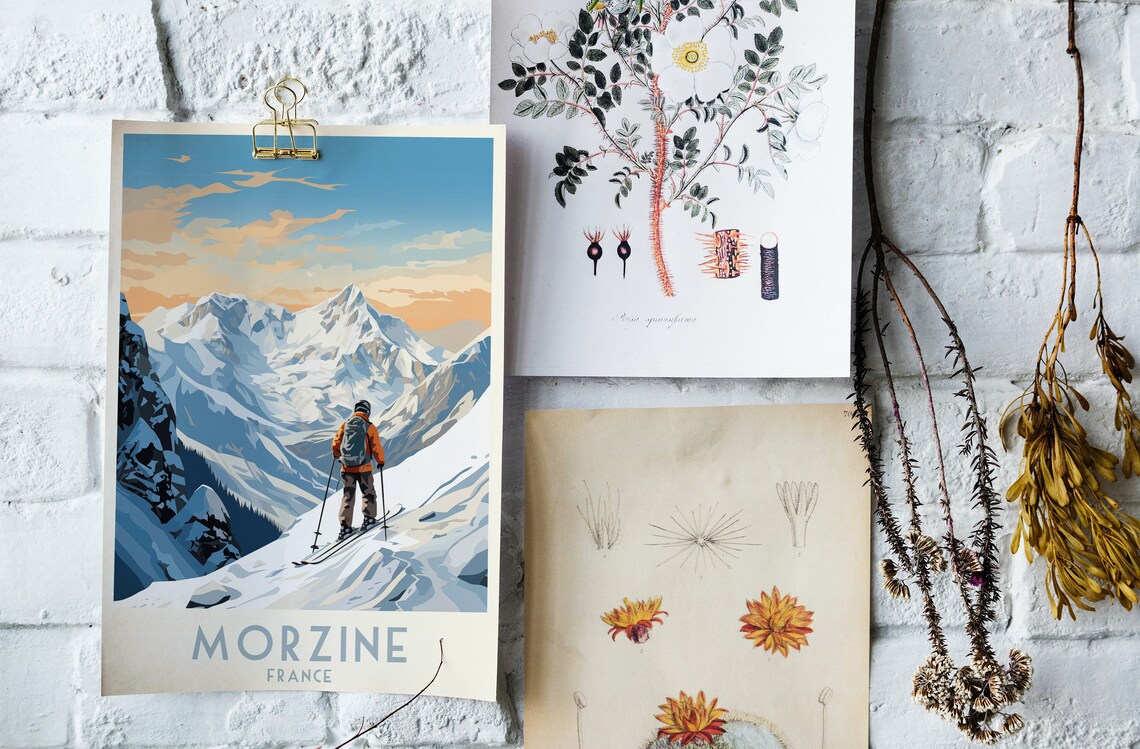 Morzine France Skier at Sunset Over Snowy Peaks Panorama Poster - Image 4