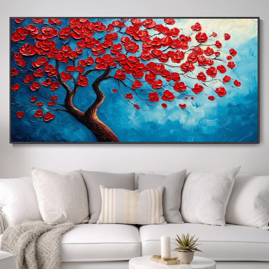 Red Blossom Tree Blue Sky Bold Floral Panoramic Oil Painting Wall Art