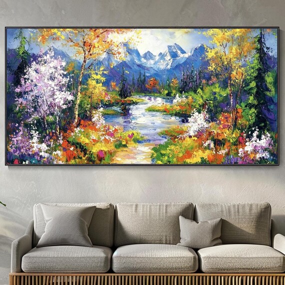 Original Forest Painting On Vibrant Garden Texture Mural Colorful Nature Art Contemporary Abstract Living Room Wall Art Mountain