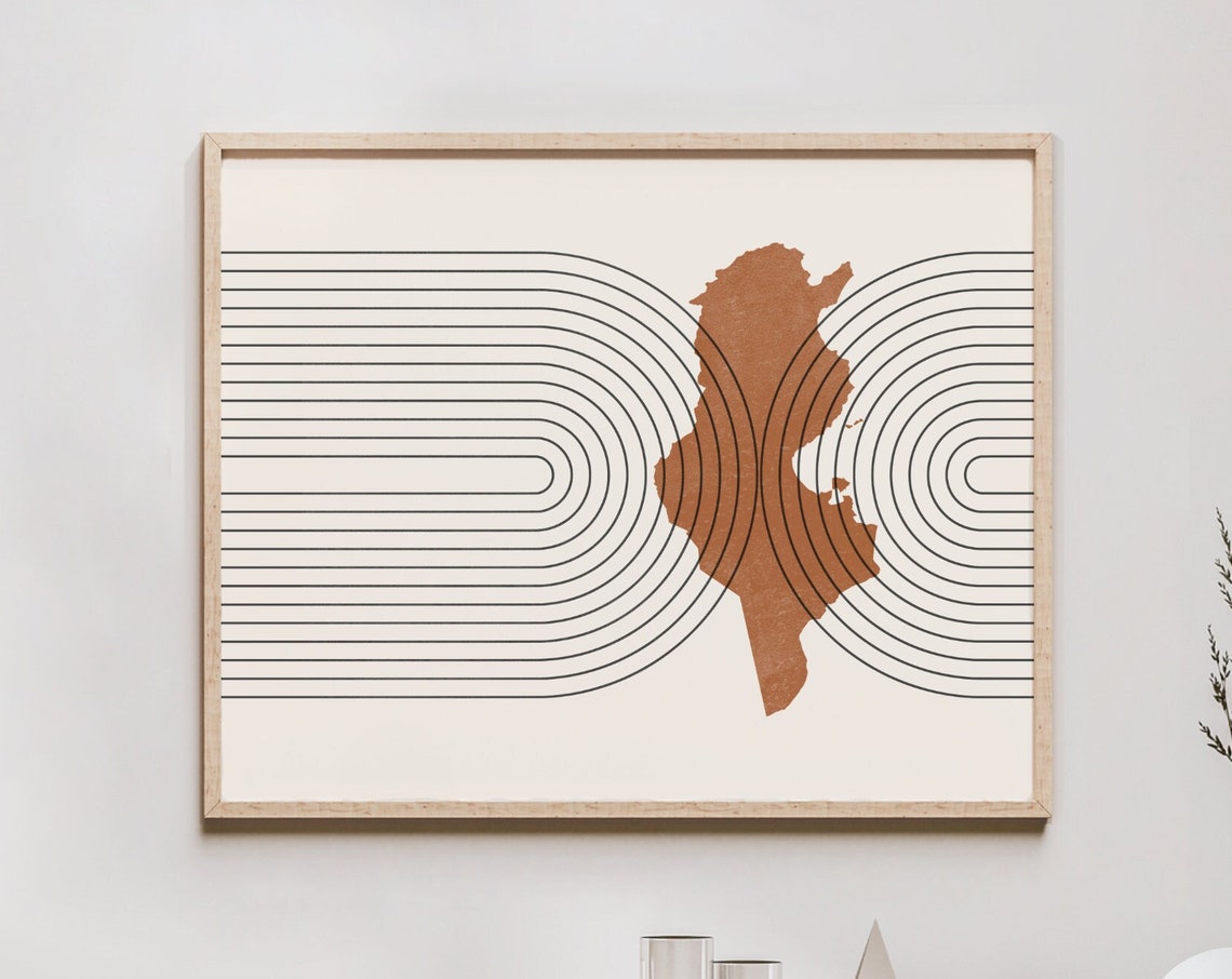 Tunisia Wall Art Mid Century Map Retro Decor Poster Country Of Print
