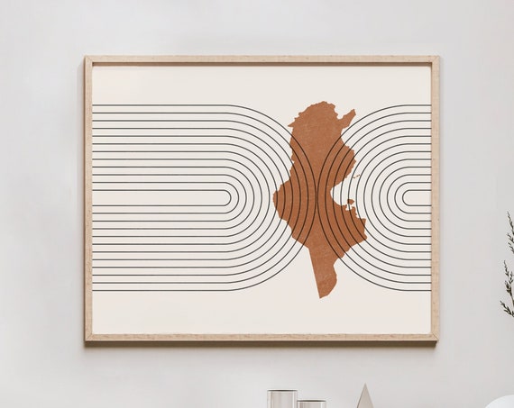 Tunisia Wall Art Mid Century Map Retro Decor Poster Country Of Print