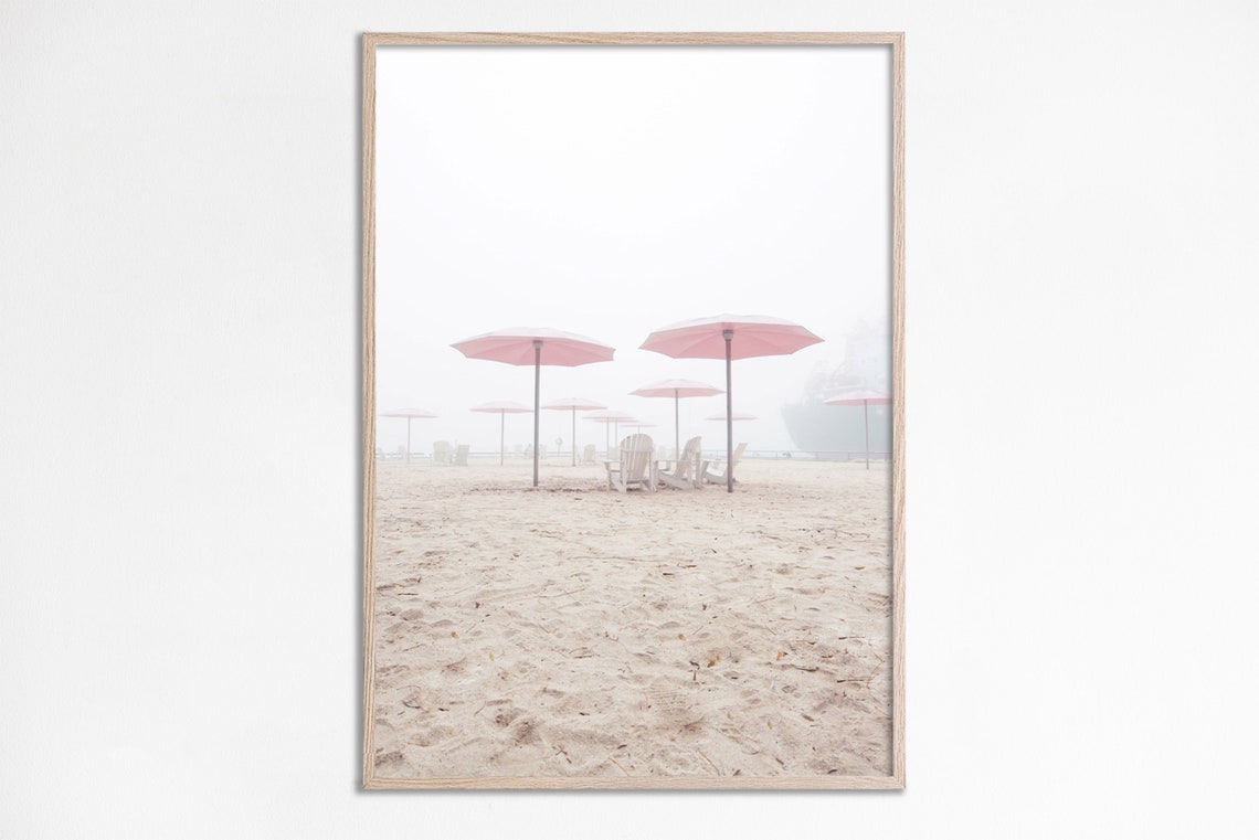 Pink Beach Umbrellas Foggy Shore Photo Adirondack Chairs Pastel Print