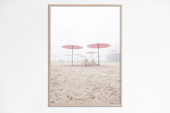 Pink Beach Umbrellas Foggy Shore Photo Adirondack Chairs Pastel Print