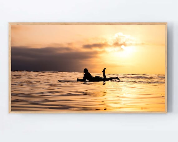 Surfer Girl Sunset Silhouette Ocean Waves Golden Photography Wall Art