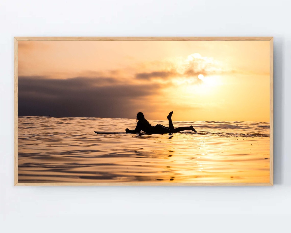 Surfer Girl Sunset Silhouette Ocean Waves Golden Photography Wall Art