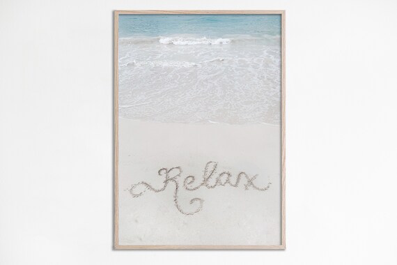 Relax Written in Sand Beach Photo Script Ocean Waves Minimalist Poster