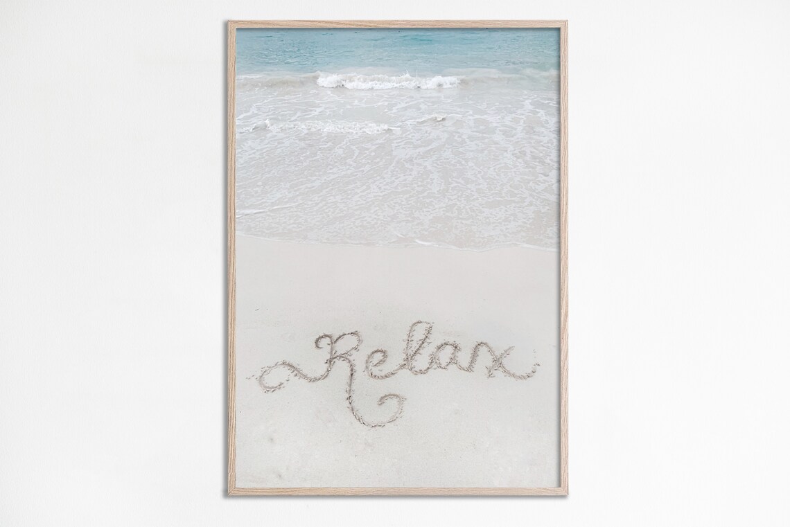 Relax Summer Print Beach Wall Art White Sand Sign Tropical Pastel Photography