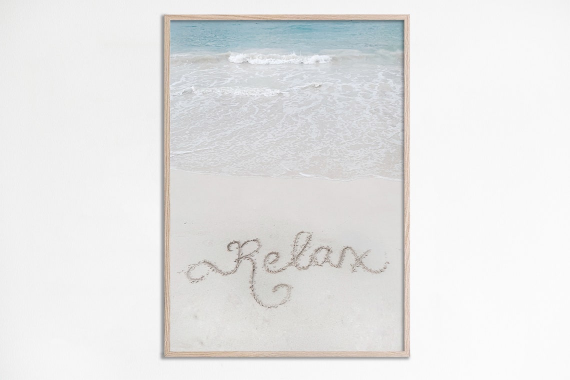 Relax Written in Sand Beach Photo Script Ocean Waves Minimalist Poster