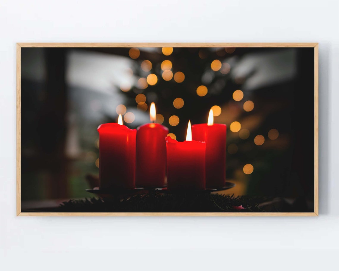 Four Lit Red Christmas Candles With Bokeh Lights Holiday Poster