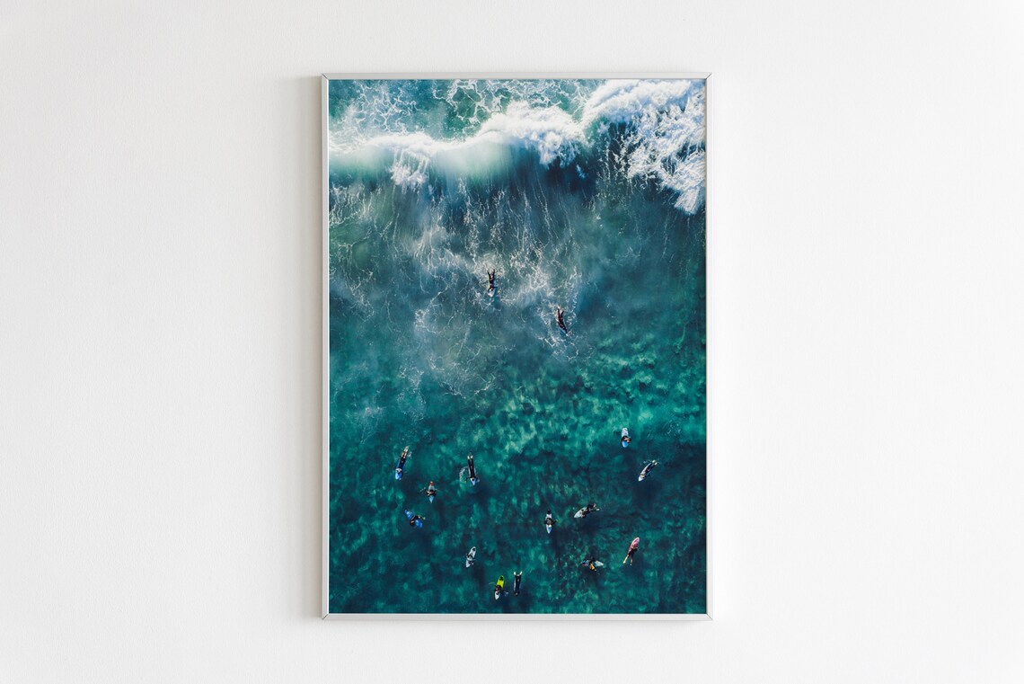 Surfers Aerial Photo Print, Coastal Beach Wall Art