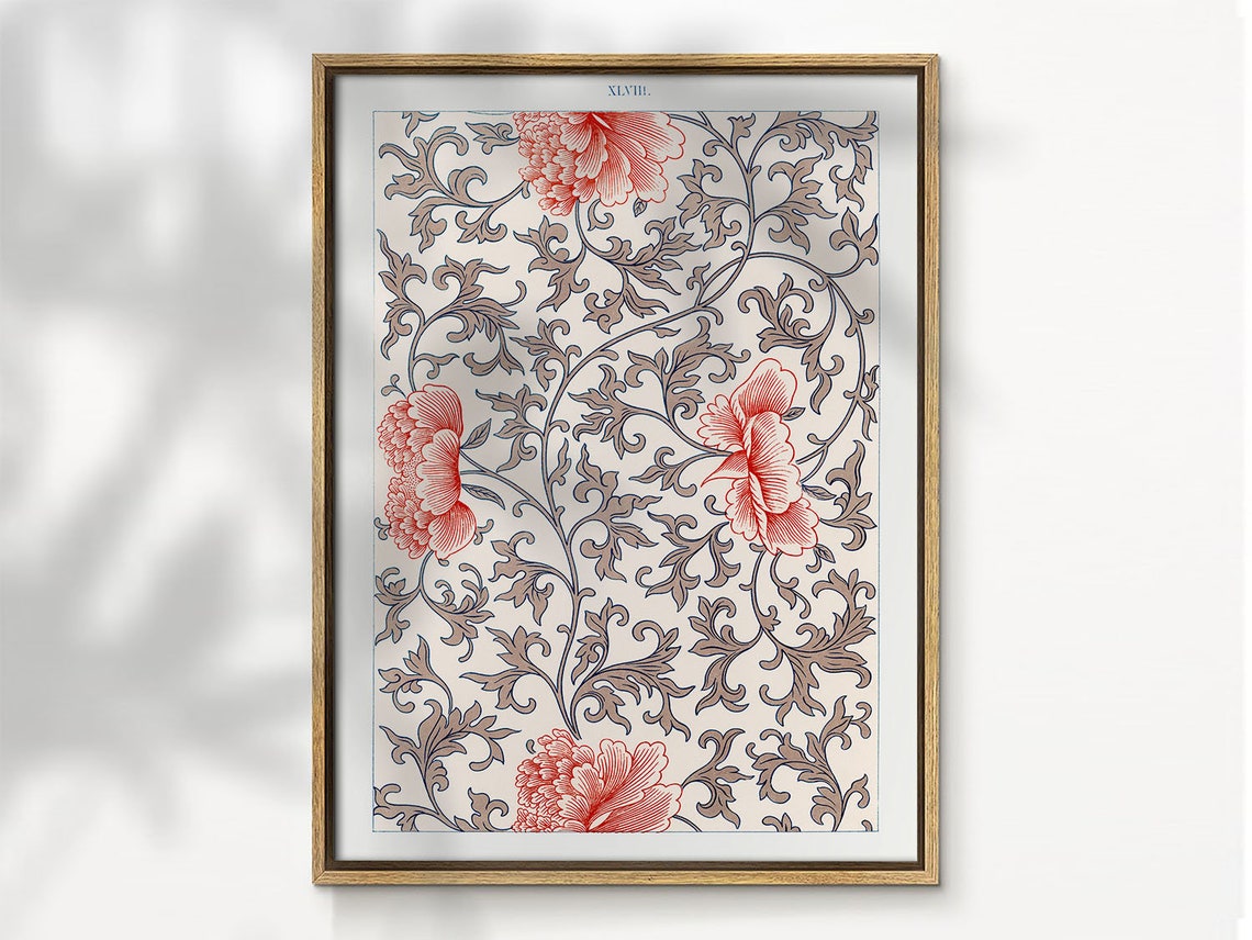 Vintage Peach Floral Chintz Pattern Botanical Plate Decor Poster