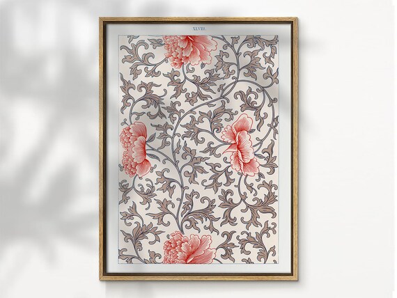 Vintage Peach Floral Chintz Pattern Botanical Plate Decor Poster