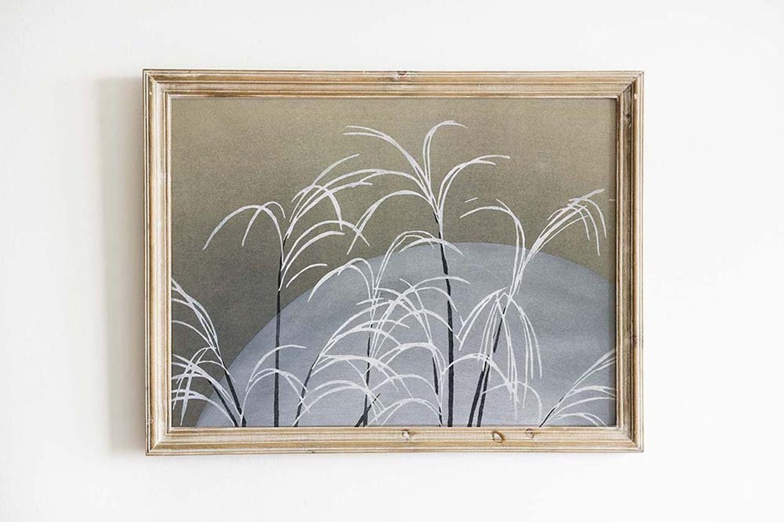 White Pampas Grasses Over Grey Moon Japandi Watercolor Wall Art