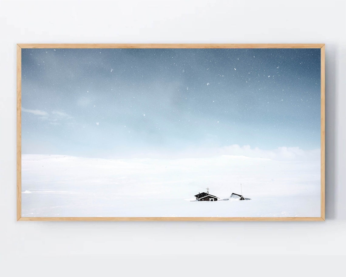 Snowy Cabin Winter Night Poster Christmas Holiday Falling Snow Decor