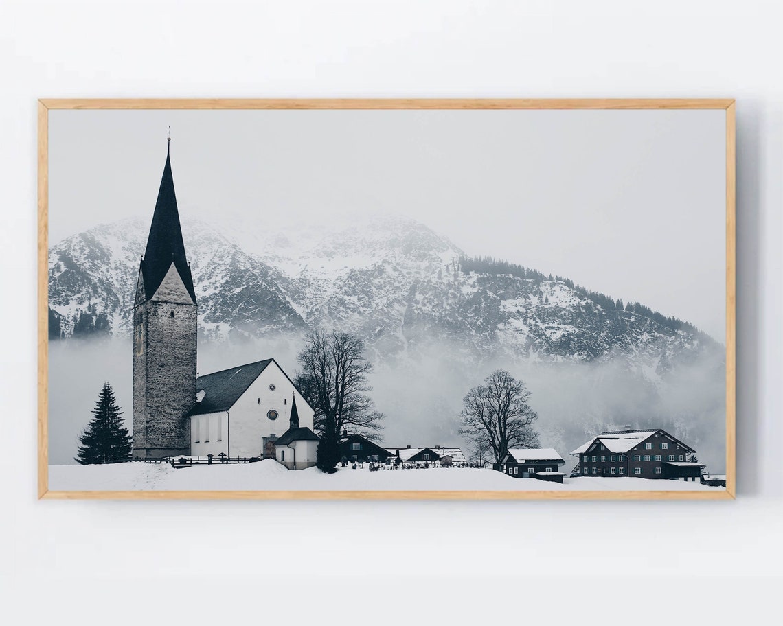 Winter Church Poster Snowy Village Mountains Snow Landscape Wall Decor