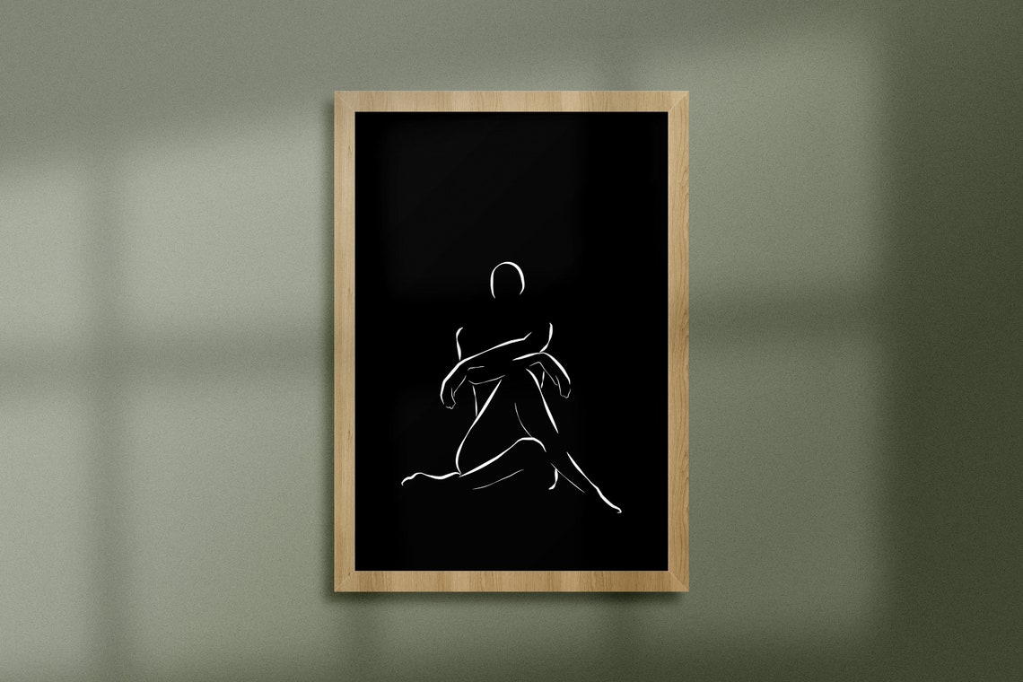 White Minimalist Female Figure Line Art Black Background Poster