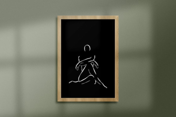 White Minimalist Female Figure Line Art Black Background Poster