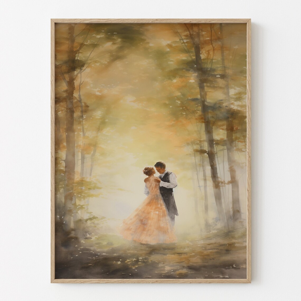 Romantic Couple Dancing in Golden Misty Autumn Forest Scene Print