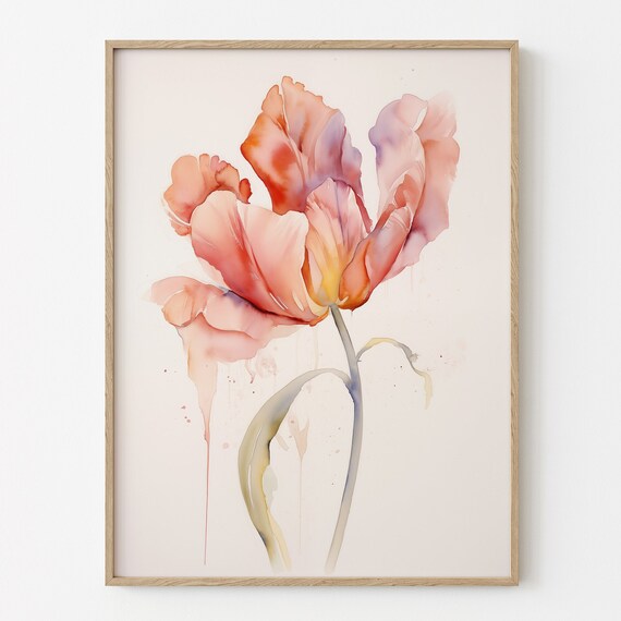 Single Coral Tulip Watercolor Minimalist Botanical Flower Poster