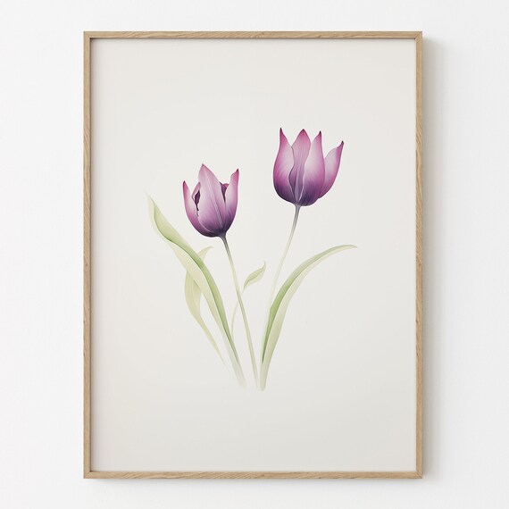 Purple Tulip Pair Minimalist Botanical Watercolor Decor Wall Art