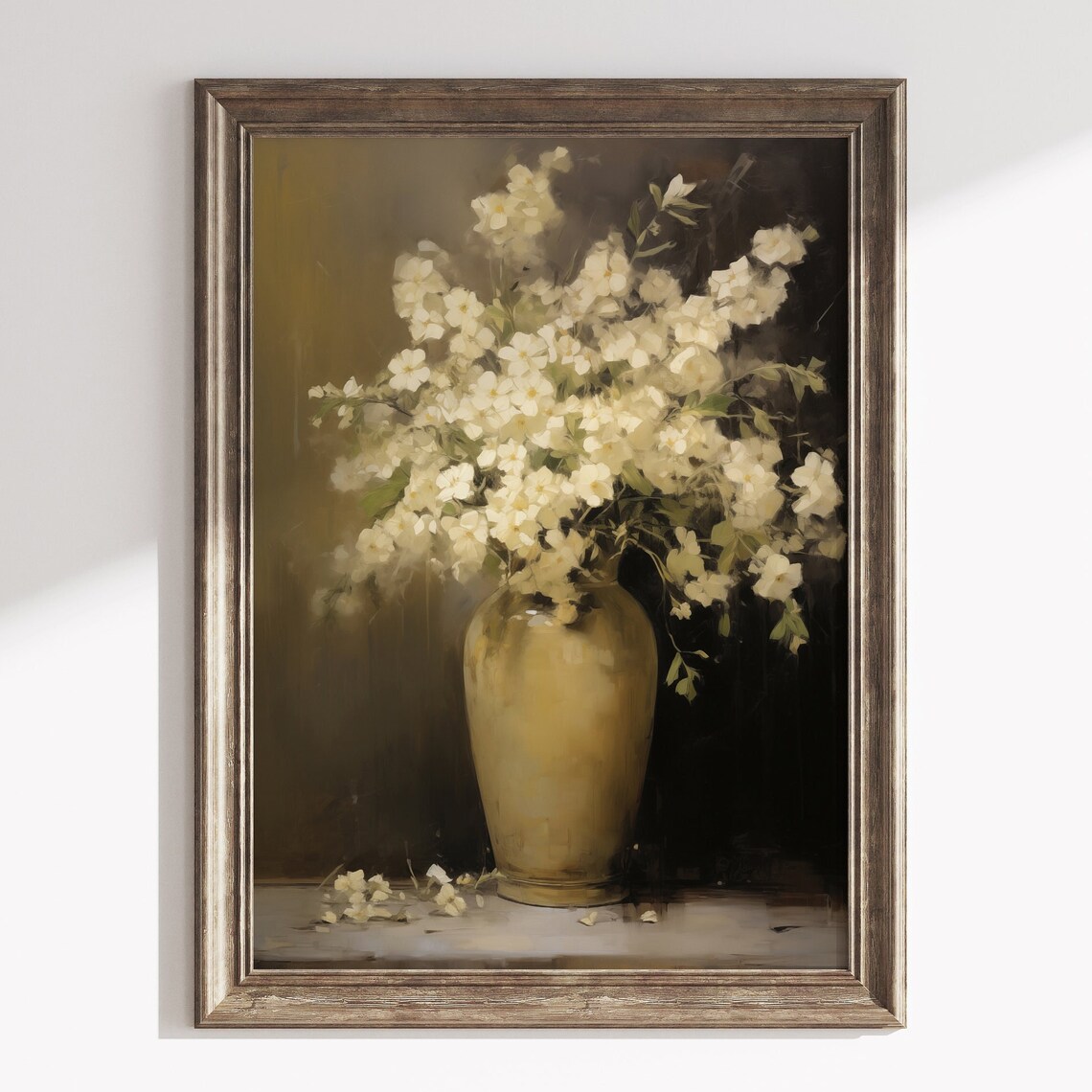 Moody White Blossoms in Golden Vase Dark Floral Still Life Print
