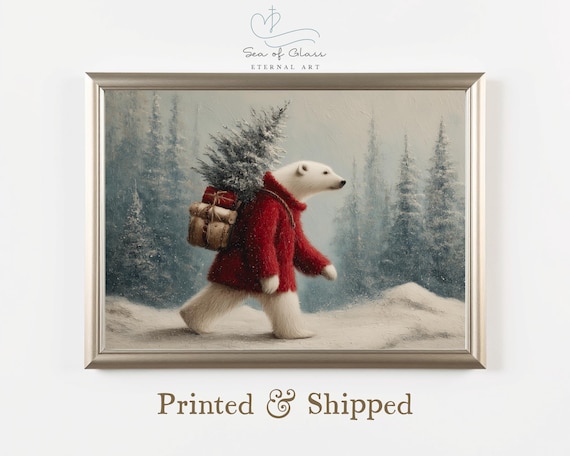 Polar Bear Carrying Christmas Tree Red Coat Winter Oil Painting Print