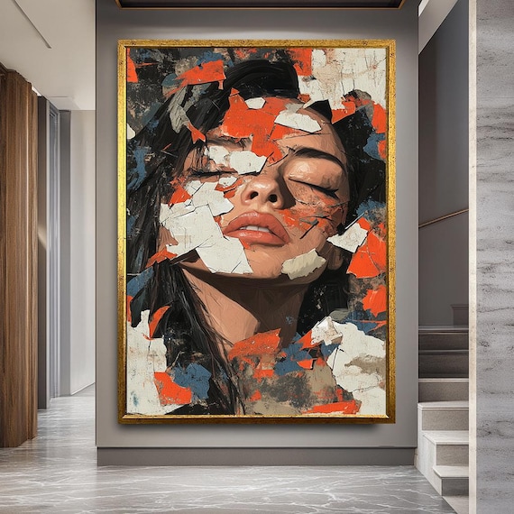 Abstract Woman Portrait Canvas Textured Mixed Media Style Wall Art