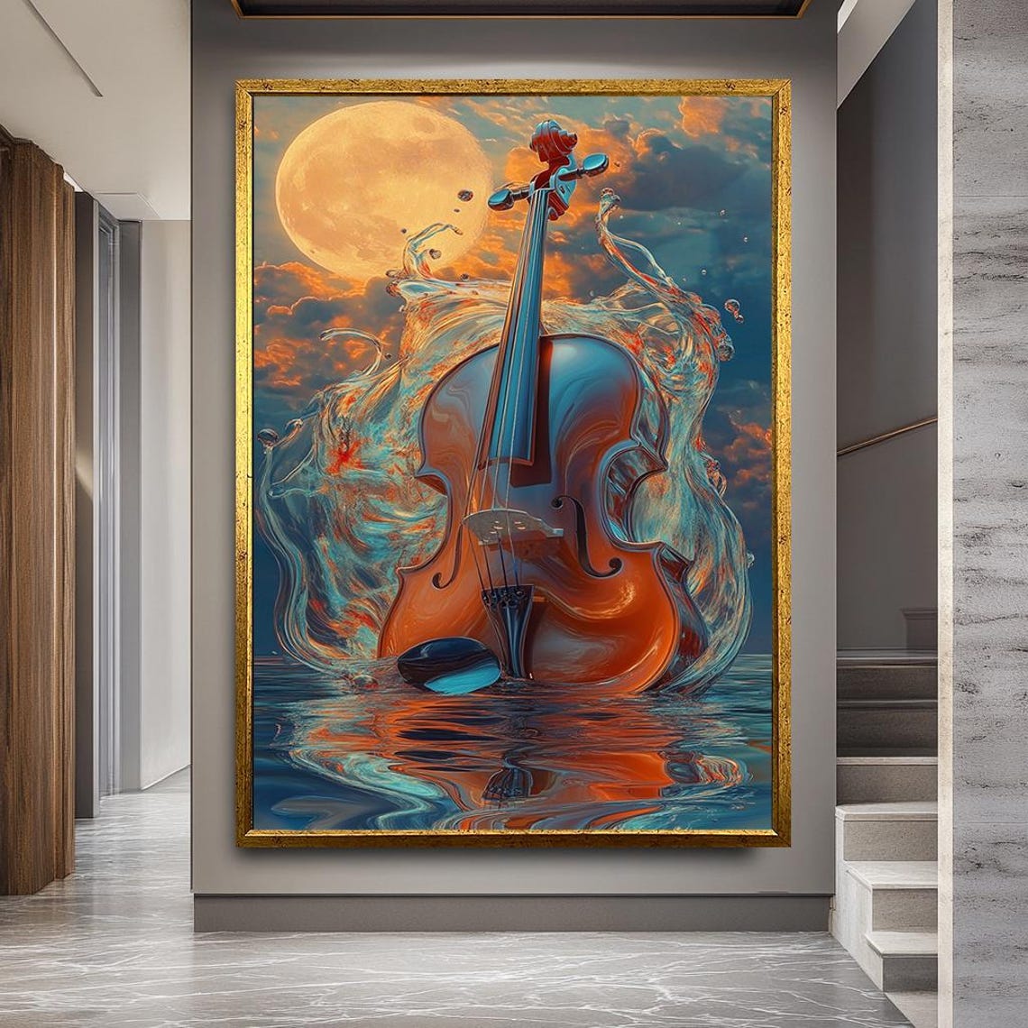 Cello Rising from Ocean Waves Under Full Moon Fantasy Poster