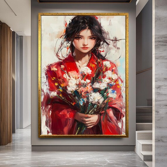 Asian Woman Canvas Art Red Kimono Portrait Figurative Wall Decor