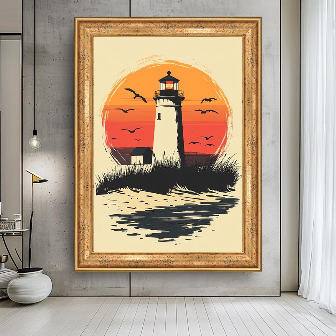 Vintage Retro Lighthouse Sunset Coastal Seagull Silhouette Poster