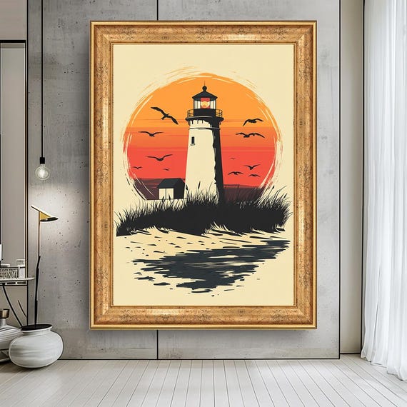 Vintage Lighthouse Canvas Art Retro Coastal Sunset Print