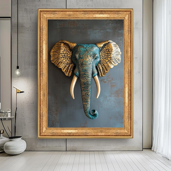 Gold Teal Elephant Canvas Art Exotic Safari Decor