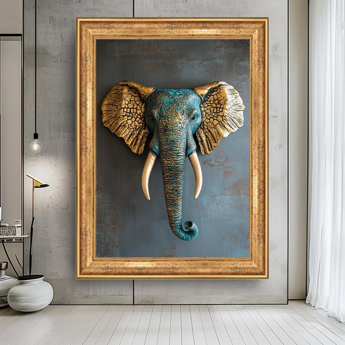 Gold Teal Elephant Canvas Art Exotic Safari Decor