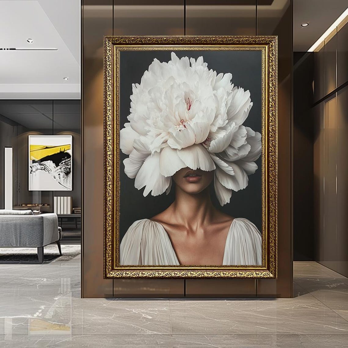 White Peony Flower Face Surreal Floral Woman Black Background Poster