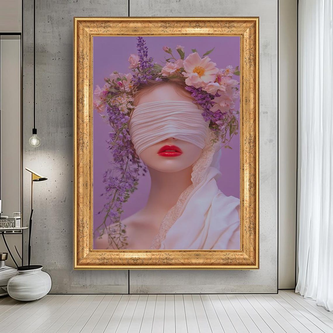 Blindfolded Woman Floral Crown Surreal Purple Portrait Elegant Poster