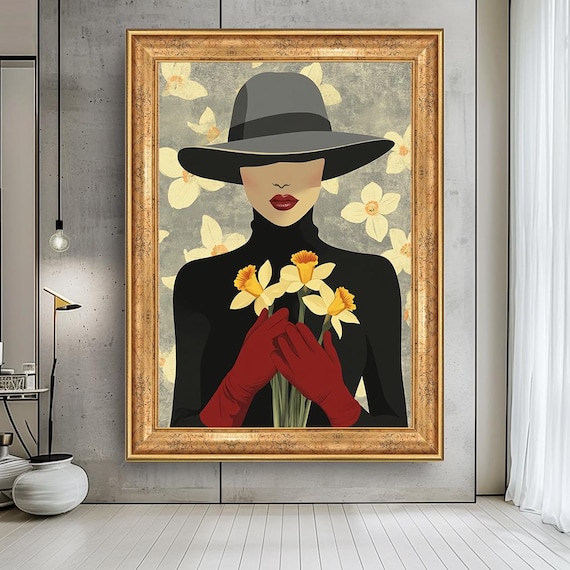 Daffodil Woman Modern Fashion Illustration Hat and Red Gloves Poster