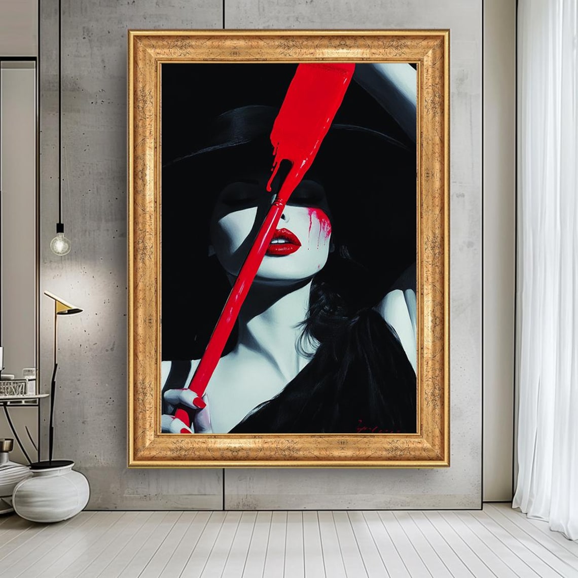 Red Brushstroke Woman Portrait Black Hat Bold Modern Fashion Art Poster