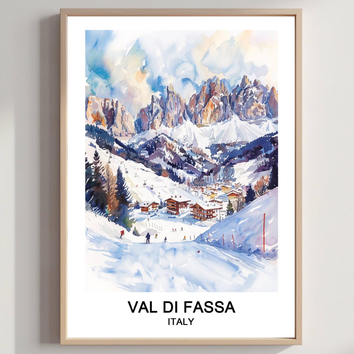 Val di Fassa Italy Dolomites Ski Resort Watercolor Winter Poster