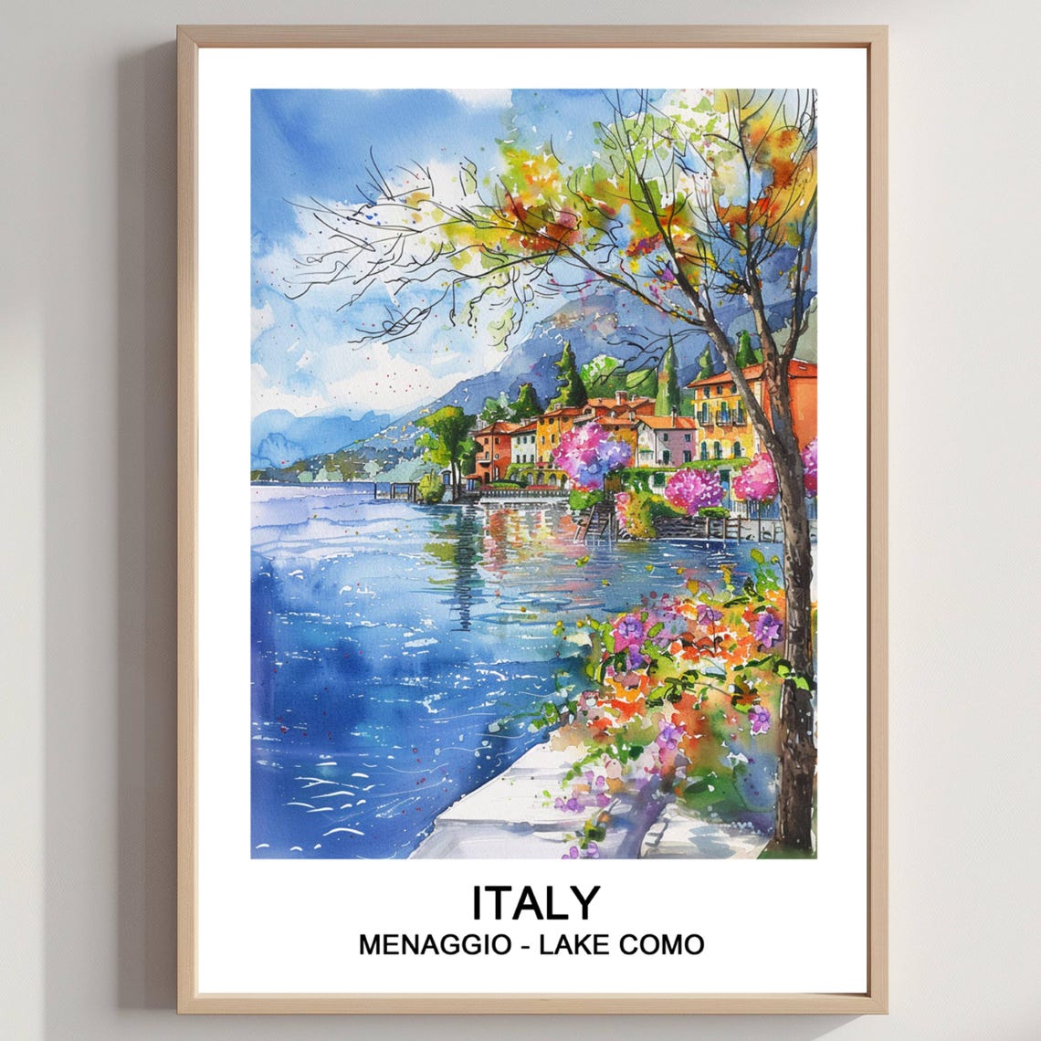 Menaggio Lake Como Italy Watercolor Flowering Shores Travel Poster
