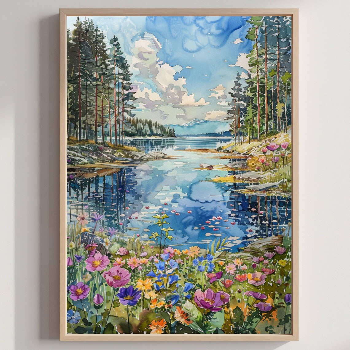 Finland Scandinavia Watercolor Forest Lake Wildflowers Poster